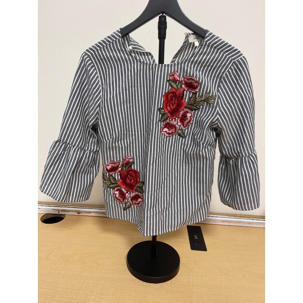 Love J Striped Floral Embroidered Bell Sleeve Blouse Blue White Top
